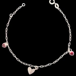 Pulseira feminina de prata 925 , com 18cm de comprimento , elo cartiê com  1 coração de prata e dois coração de zircônia rosa escuro