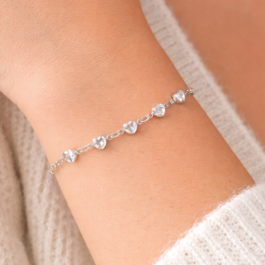 Pulseira Feminina Prata 925 com 5 Corações em Zircônia Branca 18cm