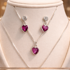 Conjunto de prata 925 , ponto de luz Coração zircônia rosa escuro, brinco+corrente veneziana de 45cm + pingente