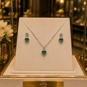 conjunto de prata 925, ponto de luz coração zircônia verde tiffany, brinco + corrente veneziana de 45cm + pingente
