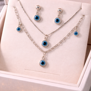 Conjunto de Prata 925 Corrente Veneziana 45cm com Pingente Olho Grego + Brinco Olho Grego + Pulseira com 3 Olhos Gregos Azul Claro